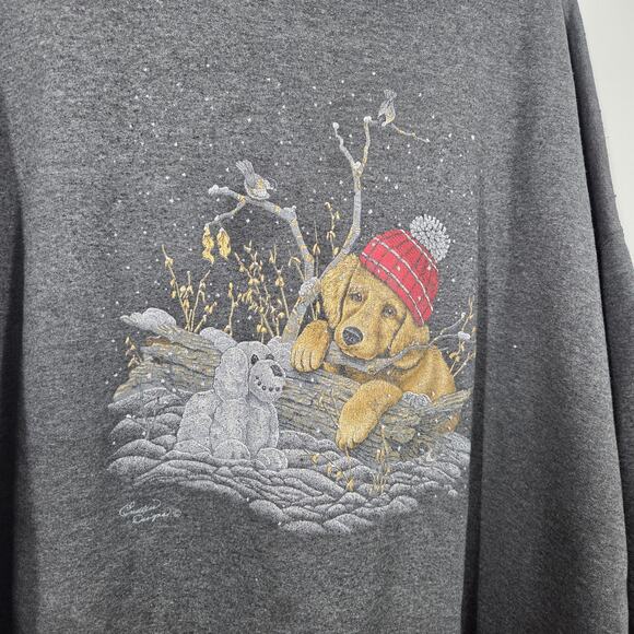 VTG Endless Design Puppies Sweatshirt Sweater Pullover Grey Red SZ 26 - Picture 2 of 5